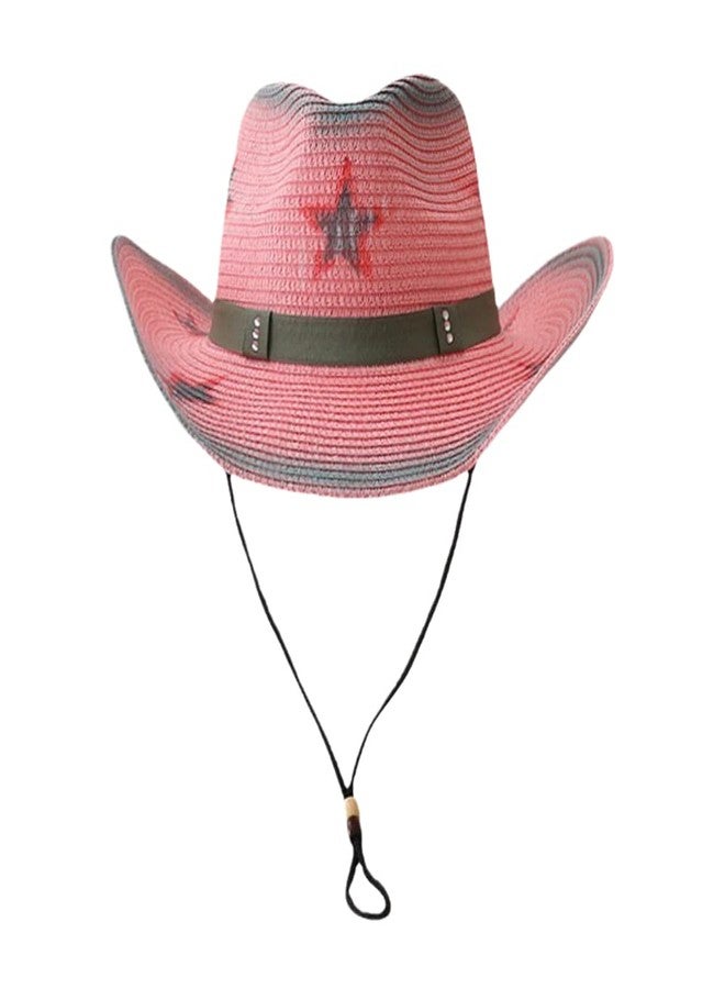 GUDVES Western Cowboy Hat, Pink Adjustable Straw Sun Hats,Pentagram Wide Brim Belt Women's Cowgirl Hats, Suitable for Parties Hiking (Pink) - Image 1